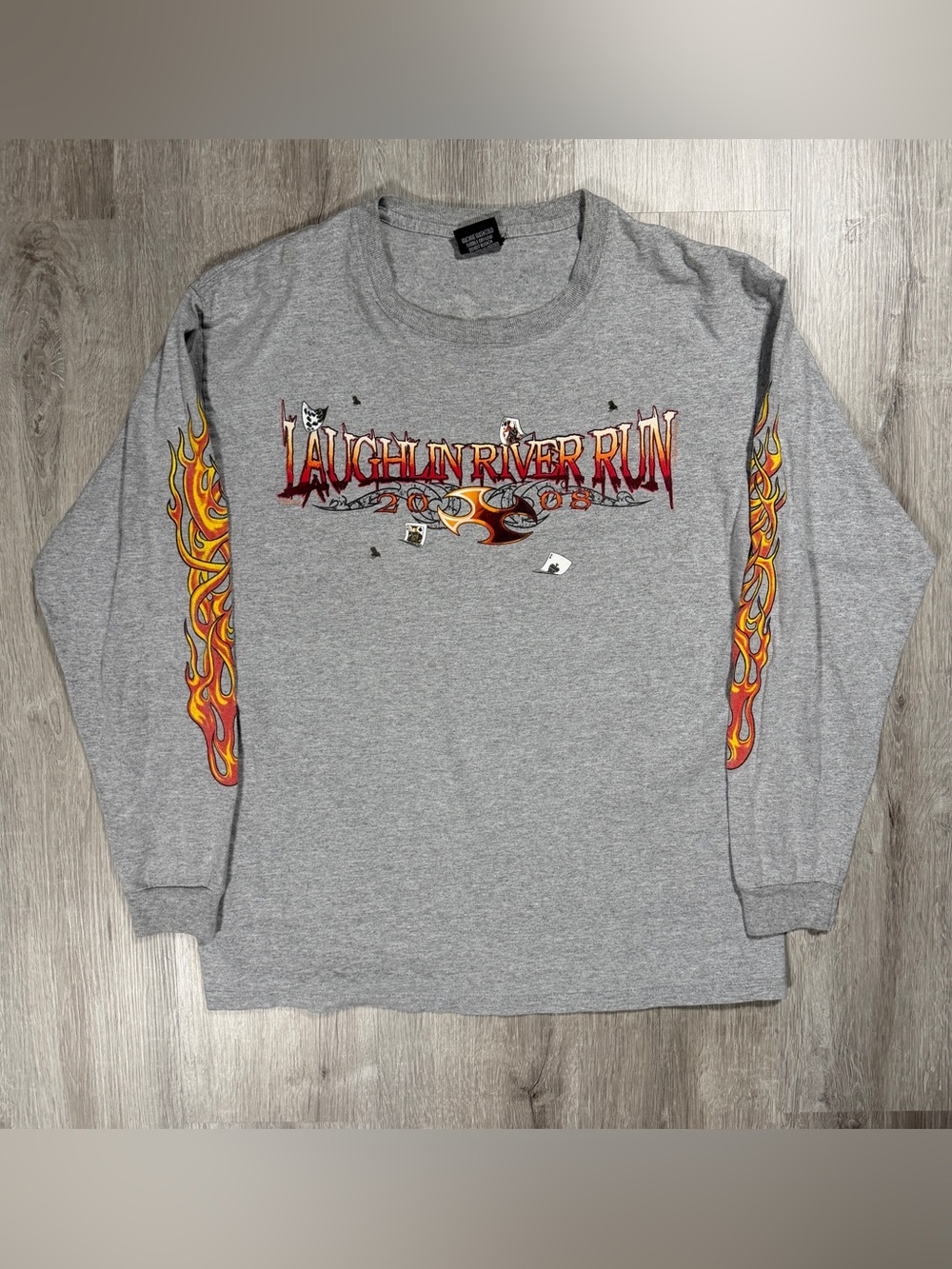 2008 Laughlin River Run Gray Long-Sleeve Graphic Tee Flames Grunge Biker